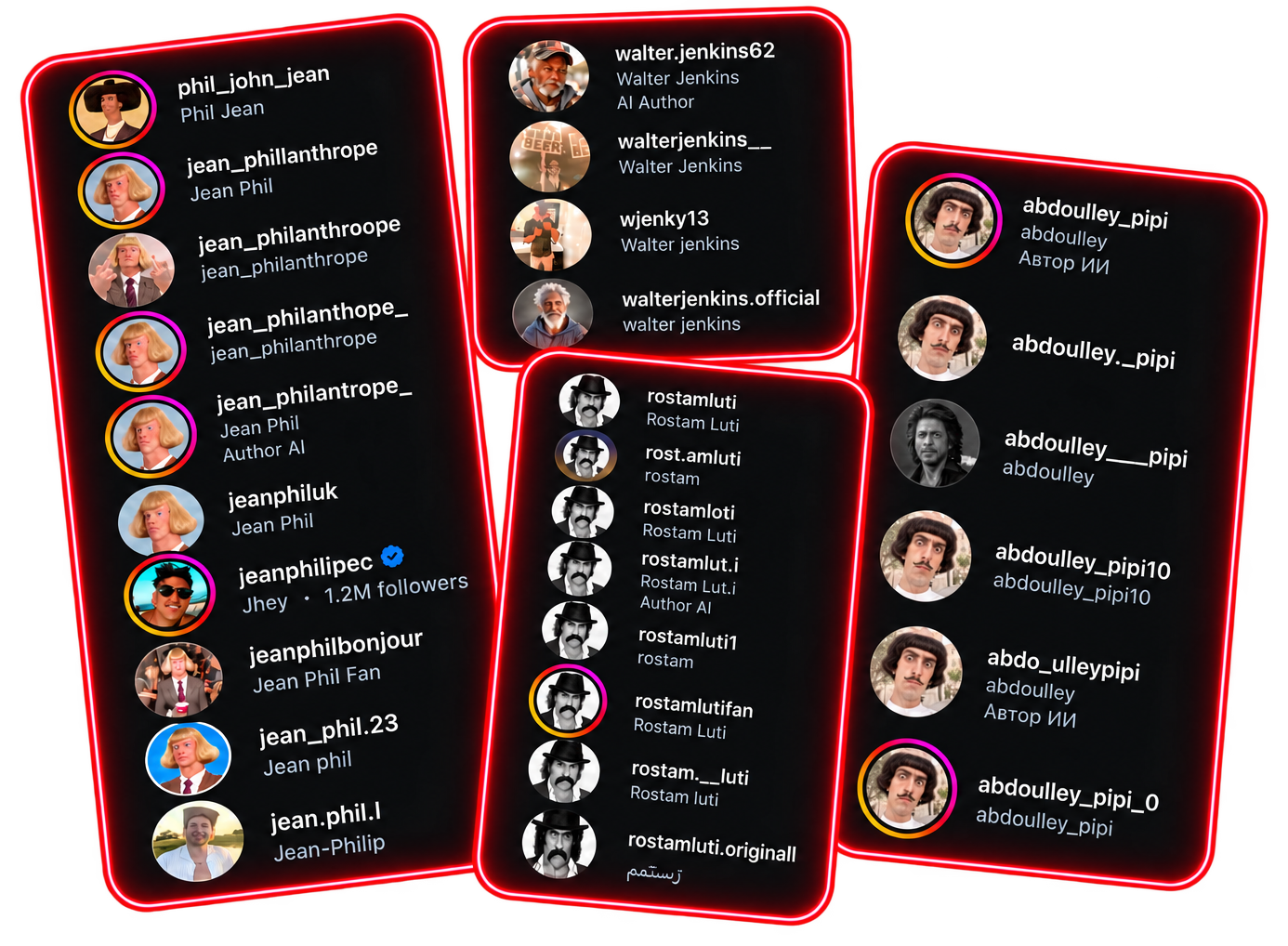 Cluster of AI Influencer Fake and Lookalike Clone Profiles with Soft Red Contours
